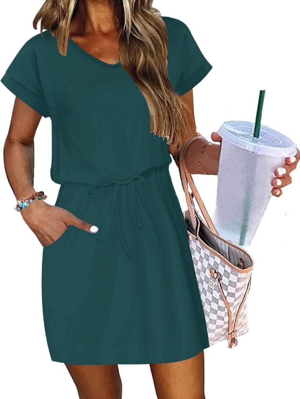 Summer Mini Dress for Women | Short Sleeve V-Neck | Casual Drawstring Style